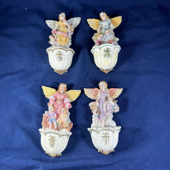 Set Of 4 Vintage Magnetic Angel Holy Water Font With Children & Cross Details - Picture 2 of 6